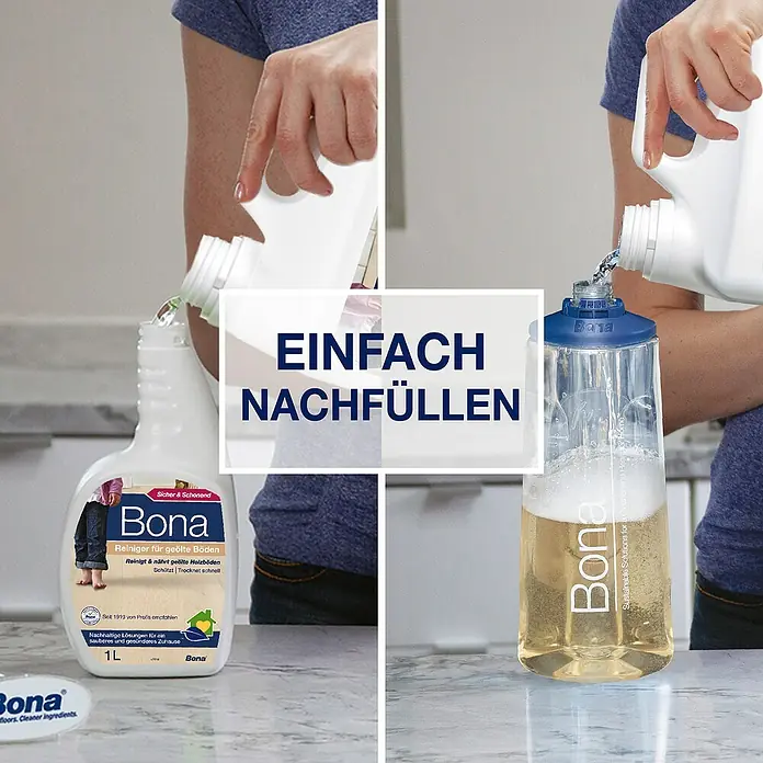 Bona Bodenreiniger Reiniger für geölte Böden - 2,5 l, Kanister - Nachfüllen von Bona Reiniger für geölte Böden in eine Sprühflasche, um die nachhaltige Reinigung und Pflege von Holzböden zu gewährleisten.