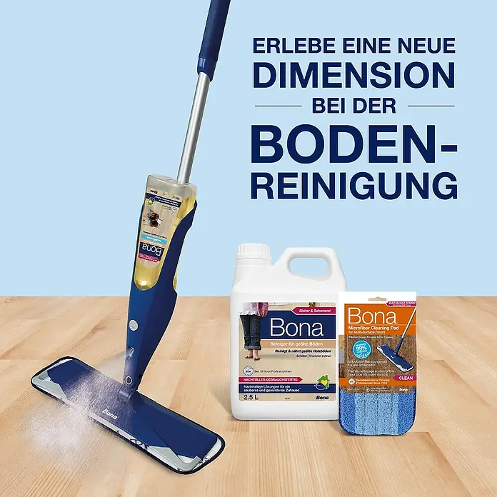 Bona Spray Mop Premium für geölte Holzfußböden - 1 x Spray Mop, 1 x nachfüllbare Kartusche mit 850 ml Reinigungsmittel, 1 x Microfaser-Reinigungspad - Bona Bodenreinigungs-Set mit Reiniger für geölte Böden, Mikrofaser-Reinigungspad und Spraymop für eine neue Dimension der Bodenreinigung.