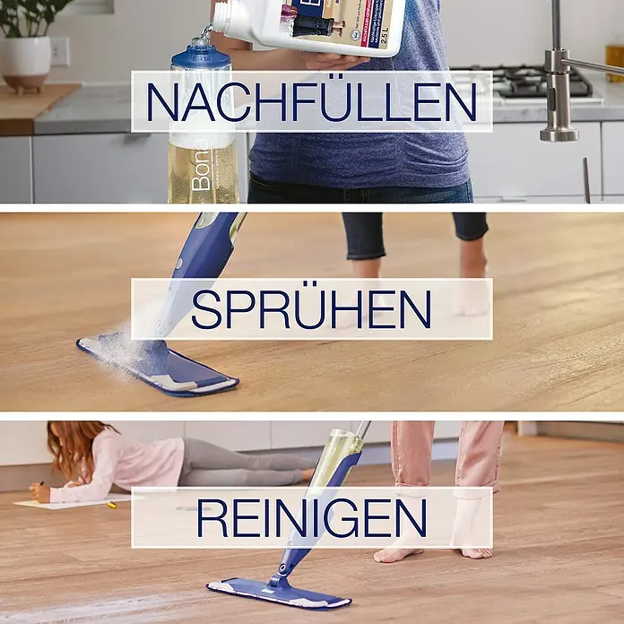 Bona Bodenreiniger Reiniger für geölte Böden - 2,5 l, Kanister - Bild zeigt die verschiedenen Schritte zur Anwendung des Bona Bodenreinigers. Nachfüllen, Sprühen und Reinigen werden demonstriert.