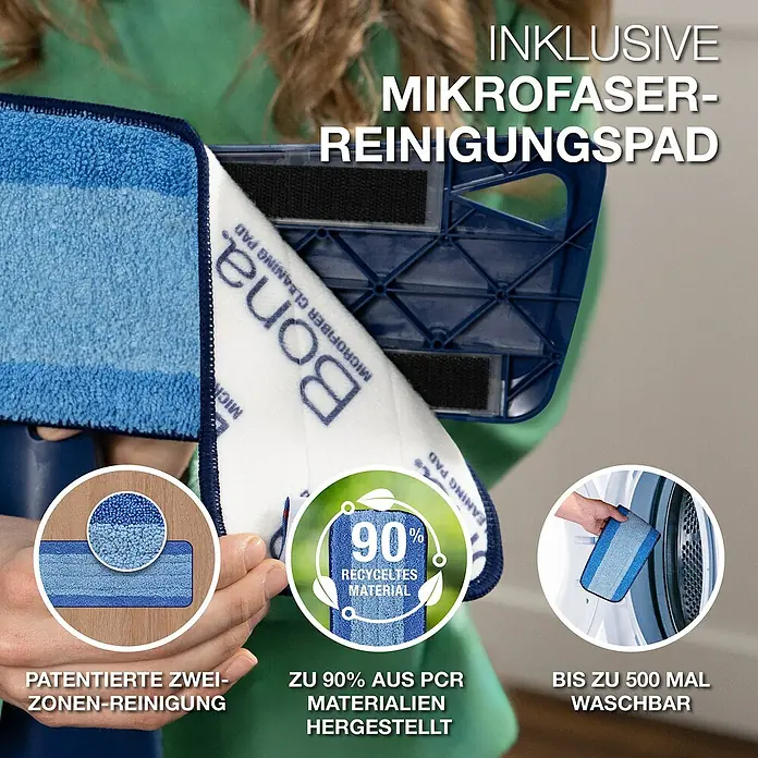Bona Spray Mop Premium für geölte Holzfußböden - 1 x Spray Mop, 1 x nachfüllbare Kartusche mit 850 ml Reinigungsmittel, 1 x Microfaser-Reinigungspad - Bild von Bona Mikrofaser-Reinigungspad. Es ist zu 90 % aus recycelten Materialien hergestellt und bis zu 500 Mal waschbar.