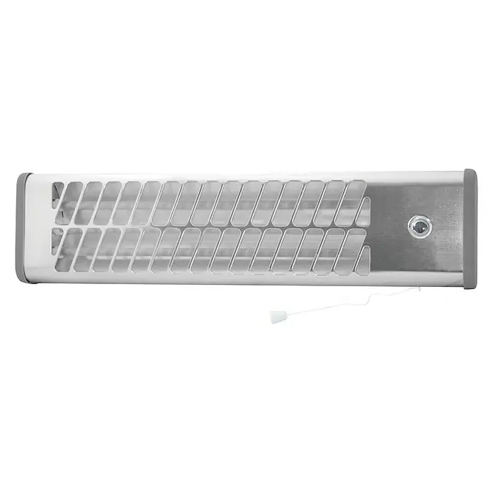 Voltomat HEATING Estufa de cuarzo - 14 x 60 x 13 cm, 1.200 W, Plateado - Primer plano de un calentador blanco y plateado con un cordón para ajustar los niveles de calor, ideal para baños.