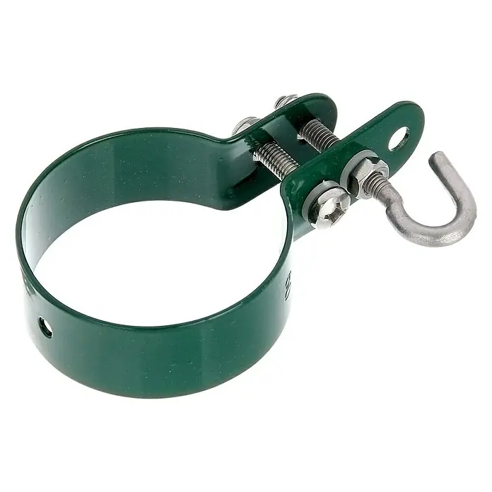 Alberts Zaunschelle - Grün, Passend für: Pfosten mit Ø 60 mm - Grüne Rohrschelle mit Haken und Schrauben, ideal zur Befestigung von Gegenständen. Robuste Bauweise für vielfältige Anwendungen.
