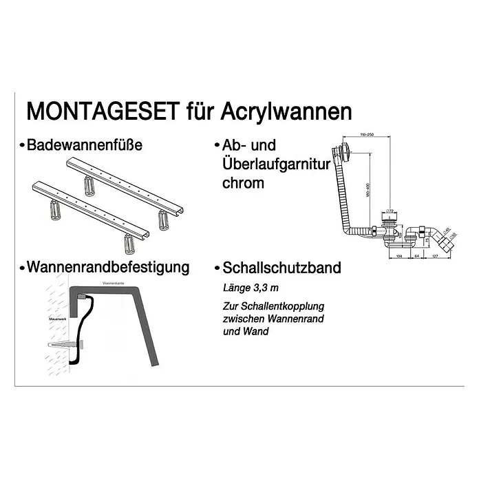 Ottofond Montage-Set - 4 -tlg., Geeignet für: Badewannen - Montage-Set für Acrylwannen mit Badewannenfüßen, Ab- und Überlaufgarnitur, Wannenrandbefestigung und Schallschutzband für eine einfache Installation.