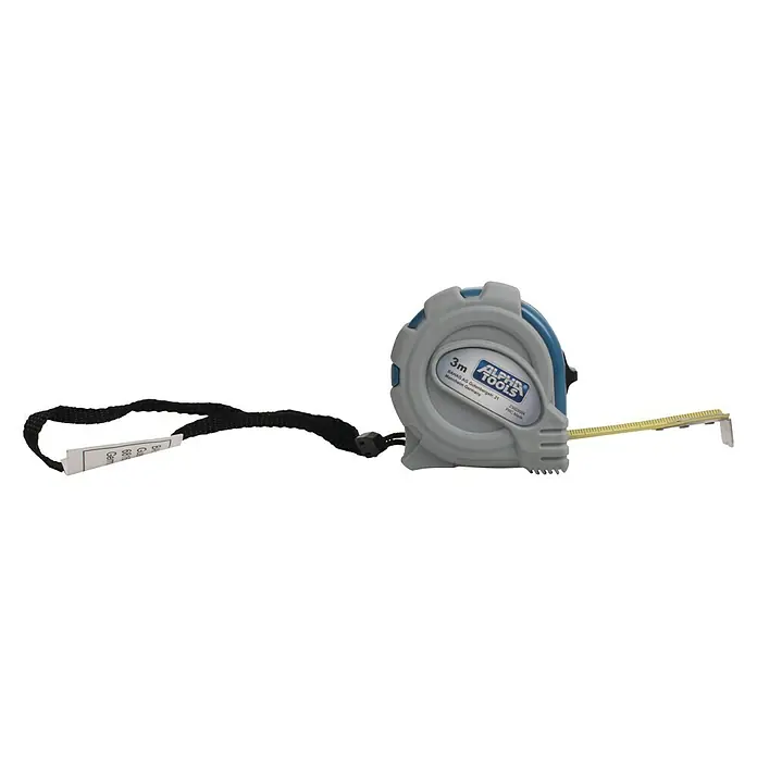 Alpha Tools Kapselmaßband3 m - Ein 3m Alpha Tools Rollbandmaß mit grauem Gehäuse, schwarzer Handschlaufe und gelbem Band mit Haken. Perfekt für genaue Messungen.
