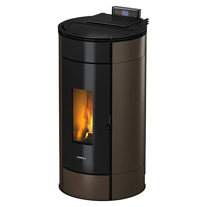 FreePoint Pelletofen Globe - 10,5 kW, Raumheizvermögen: 252 m³, 0,6 kg/h - 2,5 kg/h, Mokka - Ein moderner Pelletofen von FreePoint. Der Ofen ist zylindrisch und hat eine schwarze und braune Farbgebung mit einem Fenster, das das Feuer zeigt.