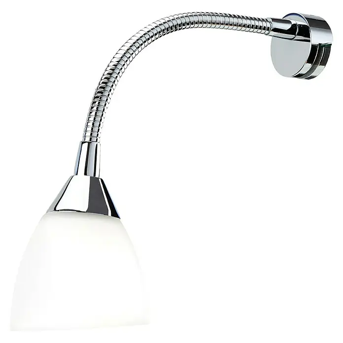 Camargue LED-Spiegelleuchte Artia - 2 W, 230 V - Diese Aufnahme zeigt eine verchromte Lampe mit Schwanenhals und einem Lampenschirm aus mattiertem Glas, die an der Wand montiert ist.
