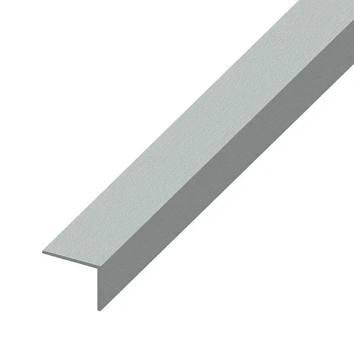 Kantoflex Winkelprofil - 1.000 x 10 x 20 mm, Stärke: 1 mm, Edelstahloptik - Nahaufnahme eines grauen Eckprofils. Es zeigt eine saubere, moderne Ästhetik und eignet sich ideal für den Kantenschutz und dekorative Akzente.