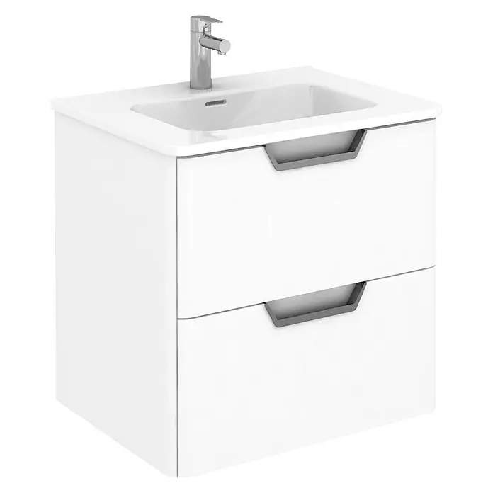 Beauty Waschtischunterschrank - 59,5 x 45 x 56,5 cm, Weiß, Hochglänzend - Modernes, weißes Waschbeckenunterschrank-Set mit zwei Schubladen und stilvollen grauen Griffen, ideal für jedes Badezimmer.