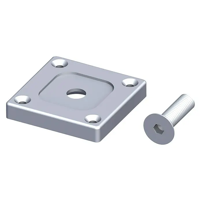 Kantoflex Coaxis Befestigungsplatte - 59,5 x 10 mm, Aluminium, Poliert, Traglast: 50 kg, Passend für: Coaxis Säulenprofile - Eine silberne Montageplatte mit einer Schraube. Ideal für Befestigungen und Konstruktionen aller Art.