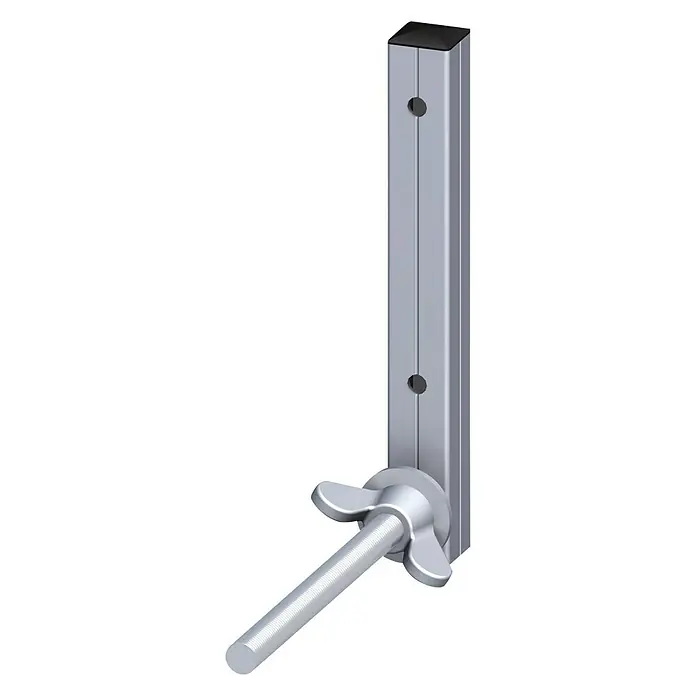 Kantoflex Coaxis Felgenhalter Typ 19 - Traglast: 20 kg - Nahaufnahme einer silbernen Klemme mit Flügelschraube, die an einer grauen, rechteckigen Stange befestigt ist, isoliert vor einem weißen Hintergrund.