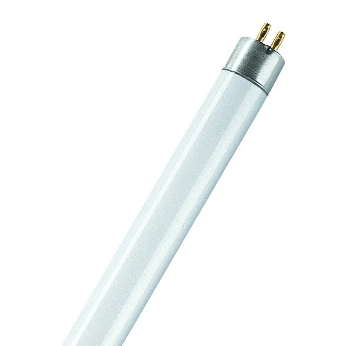 Osram Leuchtstoffröhre Interna - Länge: 115 cm, Warmweiß, 28 W, 2.600 lm, G5 - Eine Leuchtstoffröhre mit silbernen Endkappen und zwei goldenen Stiften, ideal für helle und effiziente Beleuchtung.