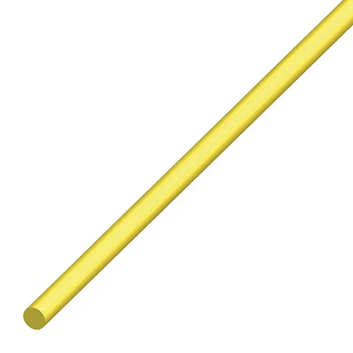 Kantoflex Rundstange - Ø x L: 1,3 x 1.000 mm, Messing - Ein einzelner gelber Stab, schräg auf weißem Grund liegend, mit rundem Ende. Perfekt für Bastelprojekte oder als Designelement.