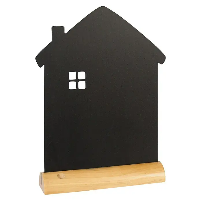 Pizarra de pared Casa - 24 x 6 cm, Pizarra con marcador - Pizarra negra con forma de casa con base de madera y ventana recortada. Ideal para tomar notas o como elemento decorativo.