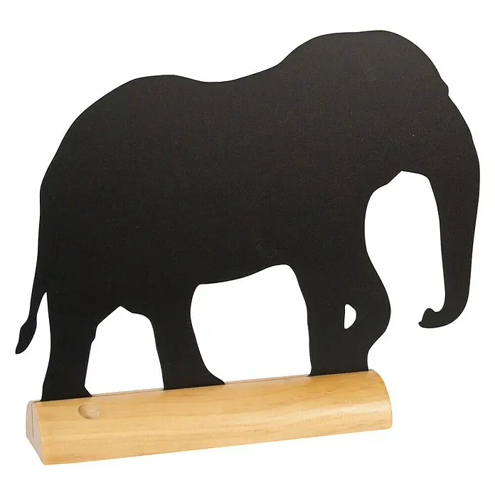 Pizarra de pared Elefante - 37 x 6 cm, Pizarra con marcador - Silueta de elefante de metal negro sobre una base de madera. Una decoración elegante para cualquier estancia, que combina el amor por los animales y el diseño moderno.