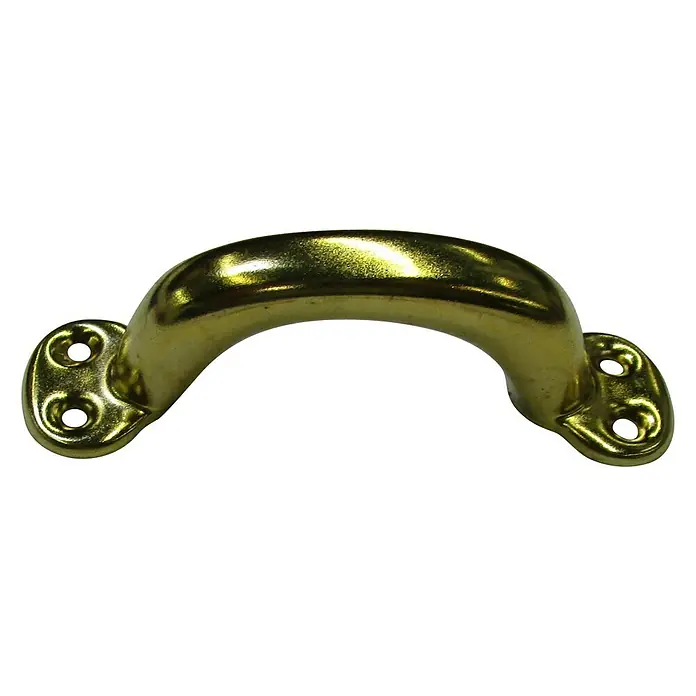 Häfele Tirador para muebles - Tipo de tirador del mueble: Estribo, Distancia entre orificios: 73 mm, Acero, Satinado, Dorado - Primer plano de un tirador de cajón dorado con dos orificios a cada lado para el montaje.