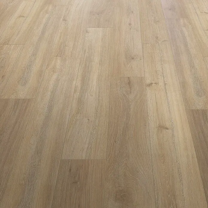 LOGOCLIC Vinto Laminat Classic Eiche Sorrent1.285 x 192 x 8 mm, Landhausdiele, Eiche Sorrent - Detailaufnahme eines Laminatbodens in hellem Holzdesign, der eine warme und einladende Atmosphäre vermittelt.