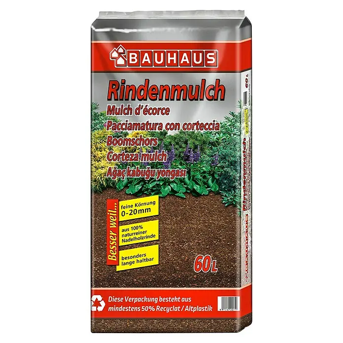 BAUHAUS Rindenmulch - 60 l, Braun, Nadelholzrinde - Abbildung einer 60L-Packung BAUHAUS Rindenmulch, ideal zum Abdecken von Gartenböden und zur Unkrautbekämpfung.