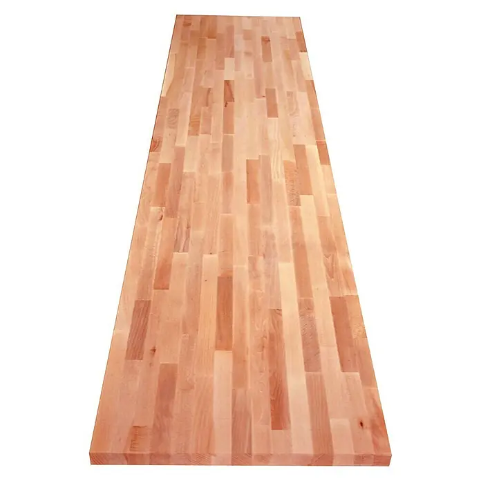 Exclusivholz Encimera - Roble, 400 x 80 x 2,6 cm - Una vista a vista de pájaro de un tablero de madera encolada de color marrón claro para muebles o encimeras.