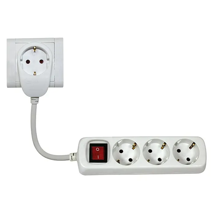 Steckdosenleiste Powersplit - Anzahl Steckdosen Schuko: 4 Stk., Weiß, Kabellänge: 2 m, Mit Schalter - Weiße Steckdosenleiste mit rotem Schalter und einem Adapter für eine einzelne Steckdose für den flexiblen Einsatz im Haushalt.