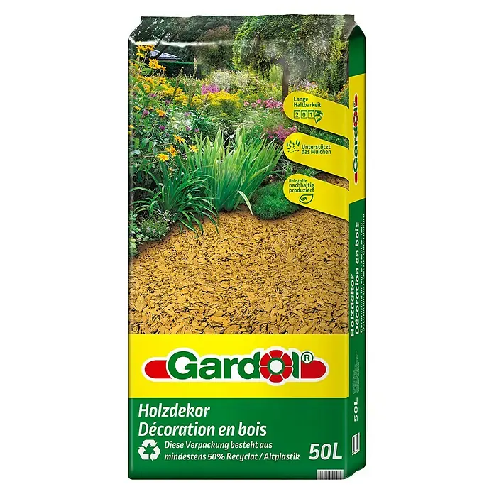 Gardol Dekormulch - 50 l, Gelb - Eine Packung Gardiol Holzdekor-Mulch, ideal für die Gartendekoration und zur Unterstützung des Mulchens.