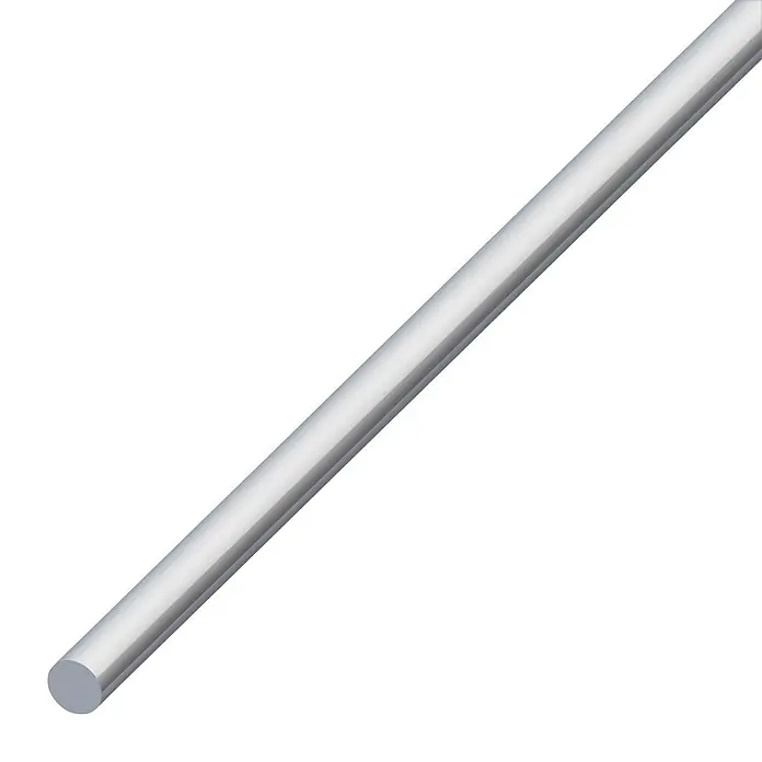 Kantoflex RundstangeØ x L: 6 x 1.000 mm, Edelstahl - Nahaufnahme eines einzelnen, glänzenden, silberfarbenen Metallstabes vor einem weißen Hintergrund. Ideal für Bauanwendungen.