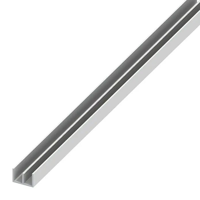 Kantoflex Schiebetür Schiene - 1.000 x 6 x 10 mm, Kunststoff, Weiß - Nahaufnahme eines U-förmigen Aluminiumprofils, das für lineare Beleuchtungssysteme oder andere architektonische Anwendungen verwendet wird.