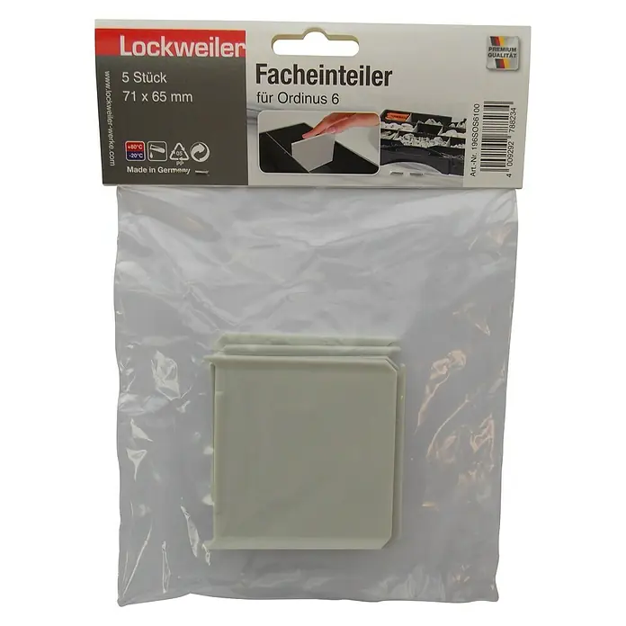 Lockweiler Schlitzpaneelen-Set Ordinus Separator 6 - Größe: 6, L x H: 71 x 65 mm, 5 Stk. - Eine Packung Lockweiler Facheinteiler für Ordinus 6, bestehend aus 5 Stück, in einer transparenten Kunststoffverpackung.