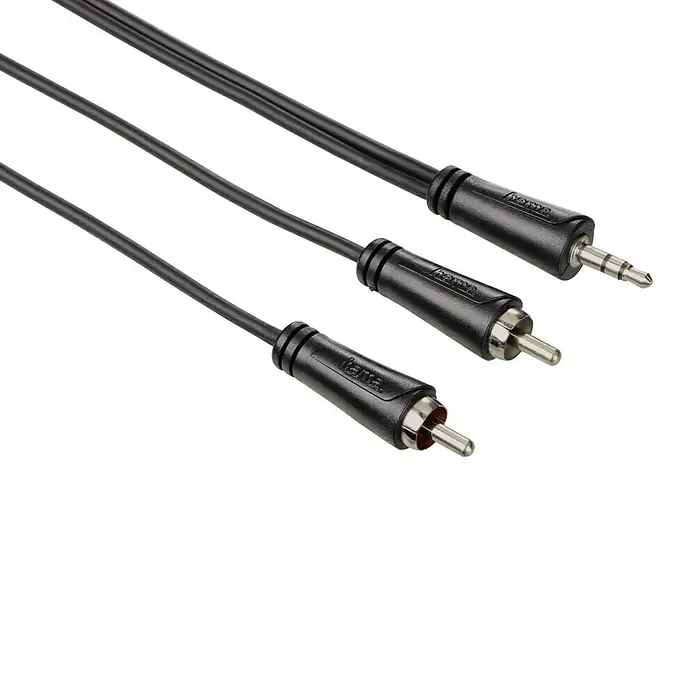 Hama Audio-Kabel - 2 x Cinch-Stecker, 1 x Klinkenstecker 3,5 mm, 1,5 m, Farbcodierung im Inneren - Abbildung eines Hama-Audiokabels mit 3,5-mm-Klinkenstecker auf Cinch-Stecker, das für eine hochwertige Audioübertragung sorgt.