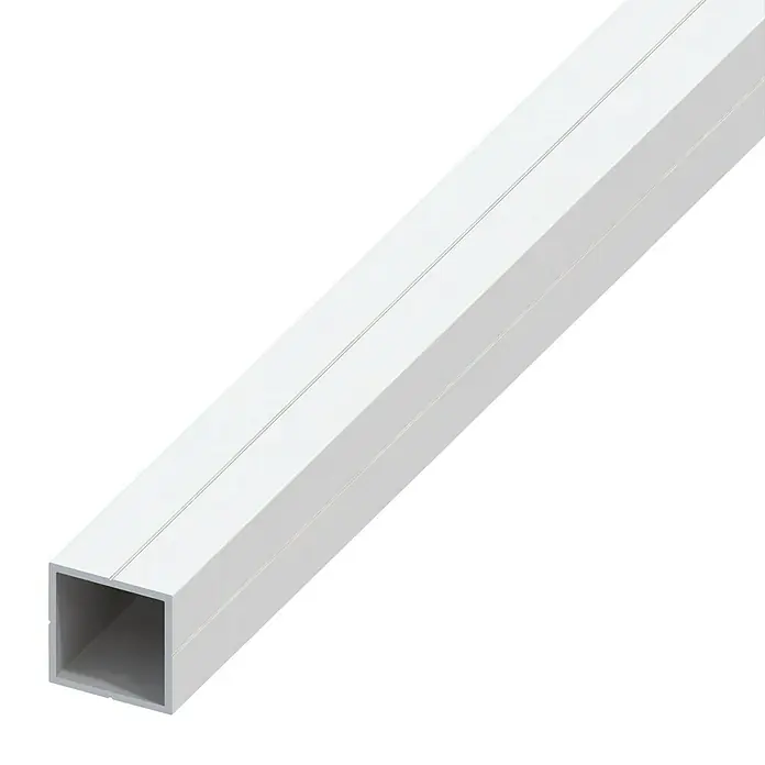 Kantoflex Vierkantrohr - 2.500 x 23,5 x 23,5 mm, Stärke: 1,5 mm, Kunststoff, Weiß - Ein detailliertes Bild eines weißen, hohlen Vierkantrohrs, das sich ideal für Bau- und Designprojekte eignet, und seine Formgebung gut zeigt.