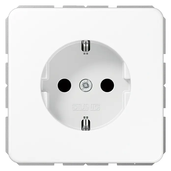 Jung CD 500 Steckdose CD5120BFWW für Klappdeckel - Alpinweiß, Kunststoff, IP20 - Nahaufnahme einer weißen Jung-Steckdose mit Schutzkontakt und dem Jung-Logo. Ideal für stilvolle und sichere Stromversorgung in jedem Raum.