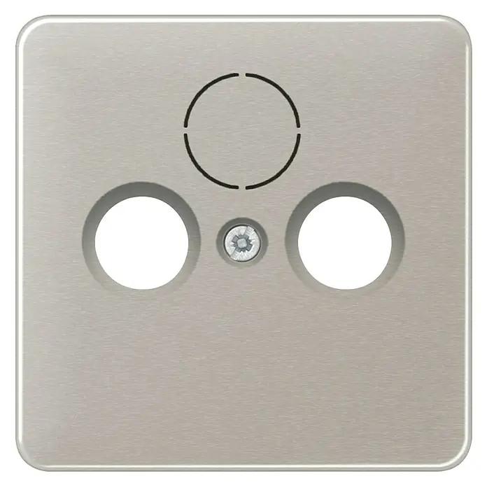 Jung CD 500 Antennenabdeckung CD561SATPT - Platin, Glänzend, Aluminium, Unterputzmontage - Silberne Metallplatte mit drei Öffnungen und einer Schraube in der Mitte für elektronische Geräte.