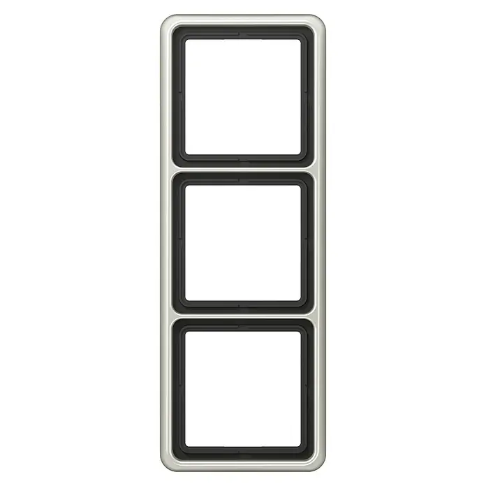 Jung CD 500 Abdeckrahmen CD583PT - Platin, 3-fach, Aluminium - Das Produktbild zeigt eine schmale, silberne Rahmenkonstruktion mit drei quadratischen, leeren Aussparungen für digitale Displays.