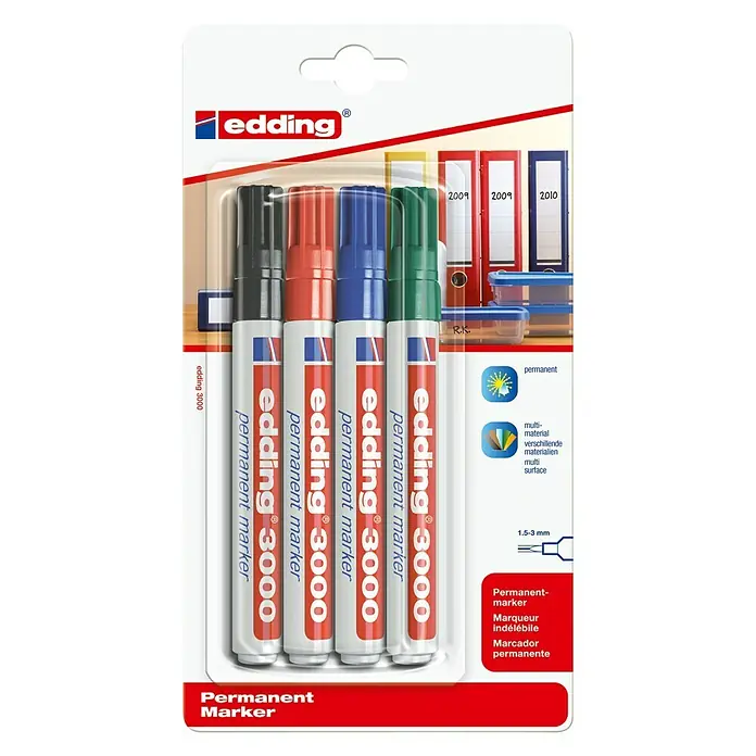 Edding Permanentmarker 3000 - Strichstärke: 1,5 mm - 3 mm, Schwarz/Rot/Blau/Grün, 4 -tlg. - Eine Packung Edding 3000 Permanentmarker in den Farben Schwarz, Rot, Blau und Grün, ideal für vielfältige Anwendungen.
