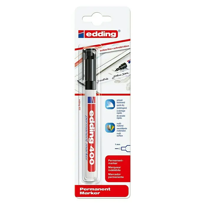 Edding Permanentmarker 400 - Strichstärke: 1 mm, Schwarz - Ein Edding 400 Permanentmarker in Schwarz, ideal zum Beschriften verschiedener Oberflächen, schnelltrocknend und wischfest.