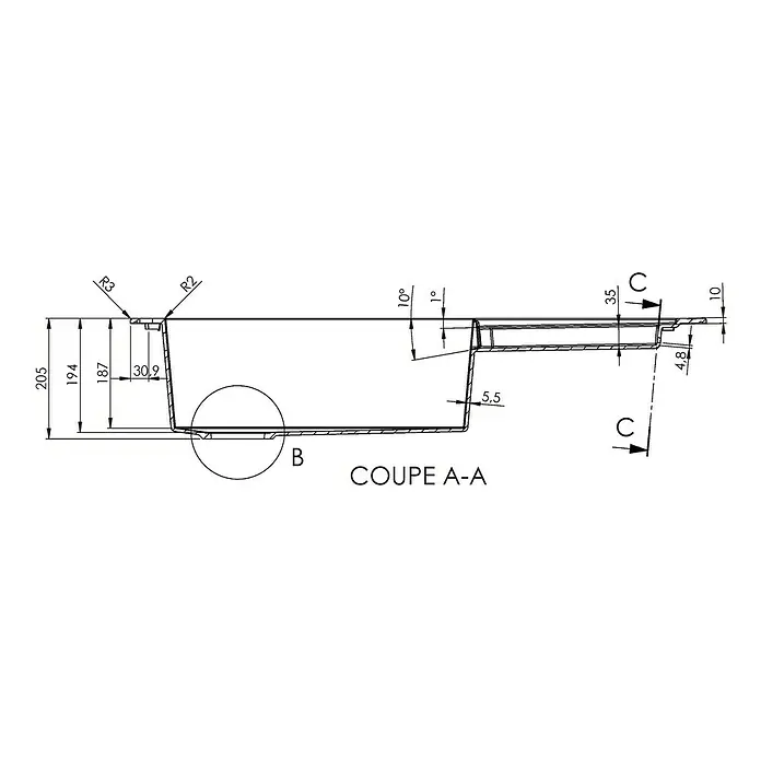 Carea Einbauspüle Eole - 50 x 47,6 cm, Schwarz - Technische Zeichnung eines rechteckigen Behälters mit abgerundeten Ecken, Seitenansicht mit Maßangaben.