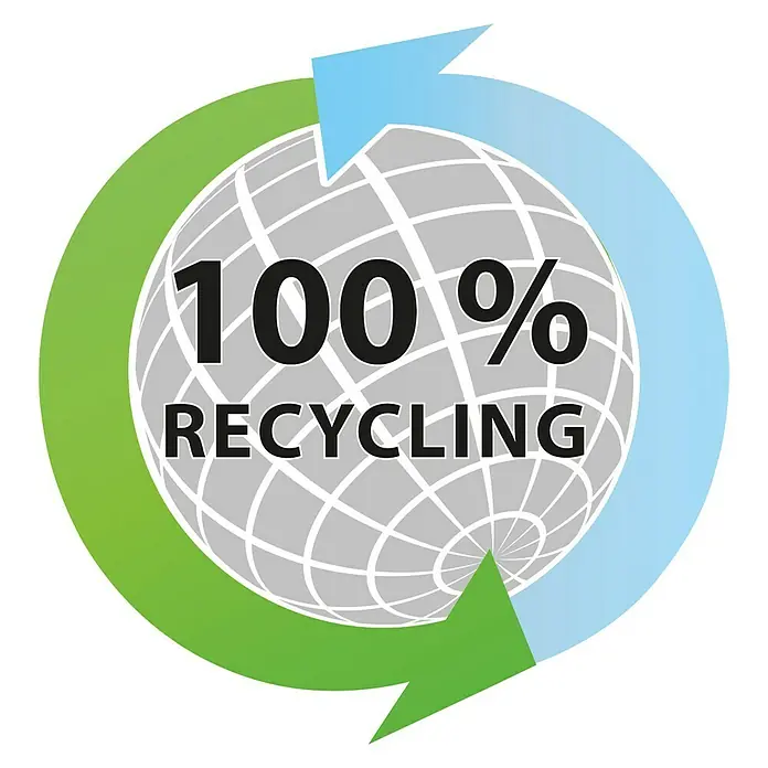 Garantia Komposter Thermo King - 400 l, 74 x 74 x 84 cm - Symbol für 100% Recycling: Ein Globus mit grünem und blauem Pfeil umgeben, Text "100% Recycling" im Vordergrund.