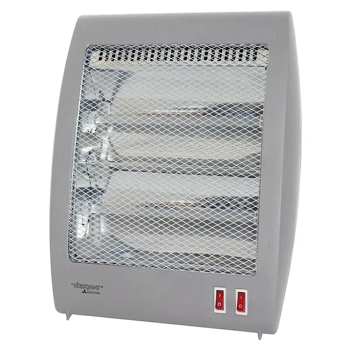 Voltomat HEATING Estufa de cuarzo - 30 x 14 x 33,5 cm, 800 W, Plateado - Primer plano de un calefactor eléctrico Voltomate gris con rejilla protectora y dos interruptores.