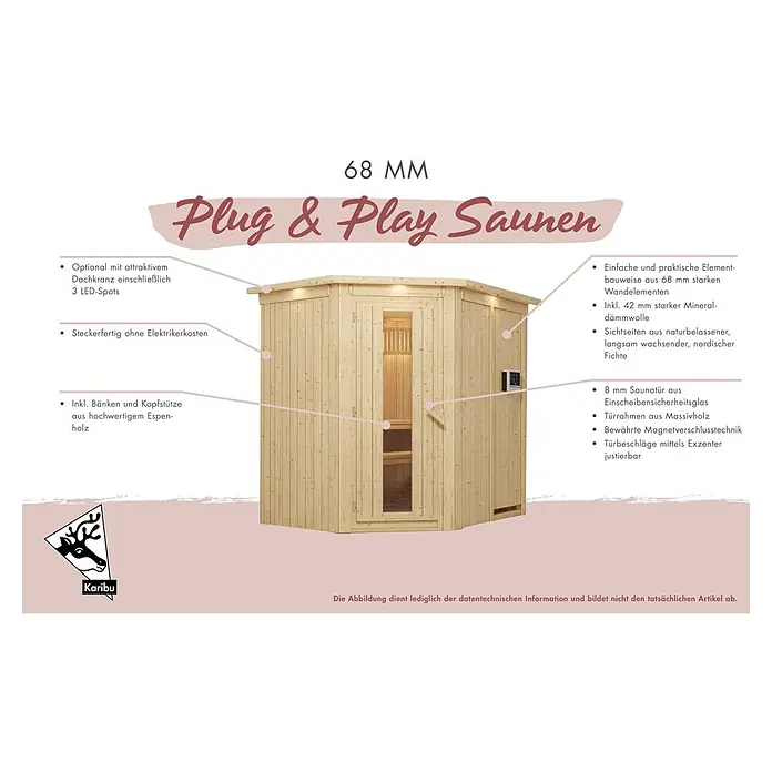 Karibu Elementsauna Bukalo - 9 kW Saunaofen mit integrierter Steuerung, L x B x H: 170 x 196 x 198 cm - Abbildung einer Karibu Plug & Play Sauna mit 68 mm Wandstärke, optional mit Dachkranz und LED-Spots, inklusive Bänken und Kopfstützen.