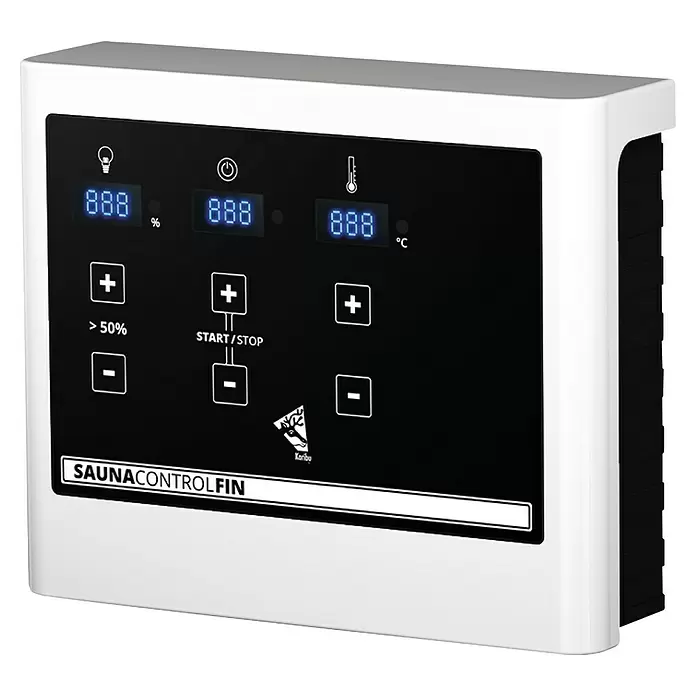 Karibu Elementsauna Katima - 9 kW Saunaofen mit externer Steuerung, L x B x H: 196 x 231 x 198 cm - Weiß-schwarzes Saunasteuerungsfeld mit Digitalanzeige, Licht-, Ein/Aus-, Temperatur-Symbolen und Tasten.
