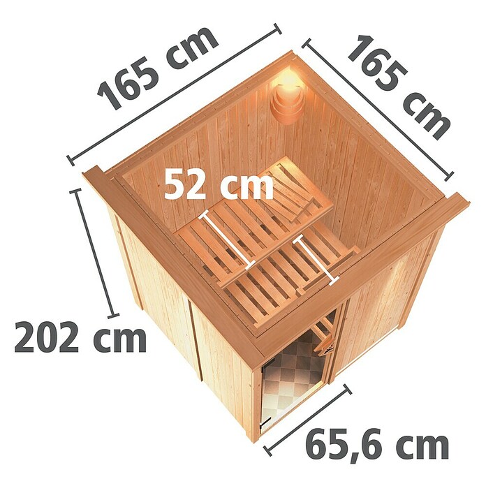 Karibu Minja (Mit Plug & Play Ofen 3,6 kW inkl. Steuerung Modern, Mit Dachkranz und Beleuchtung, 151 x 151 x 198 cm)