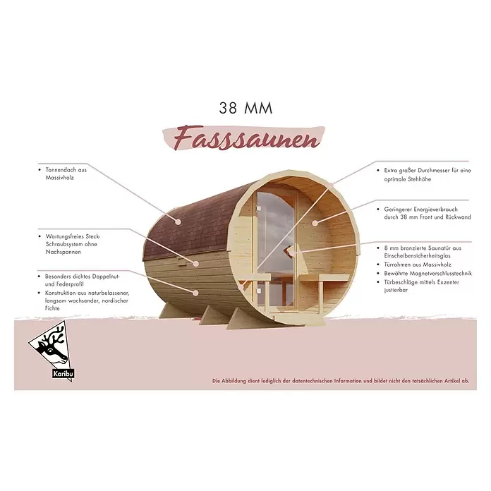 Karibu Fasssauna - L x B x H: 295 x 225 x 229 cm, 9 kW Saunaofen mit externer Steuerung, Anzahl Liegen: 2 Stk. - Fasssauna aus hellem Fichtenholz mit braunem Schindeldach und Glastür, 38 mm Wandstärke.