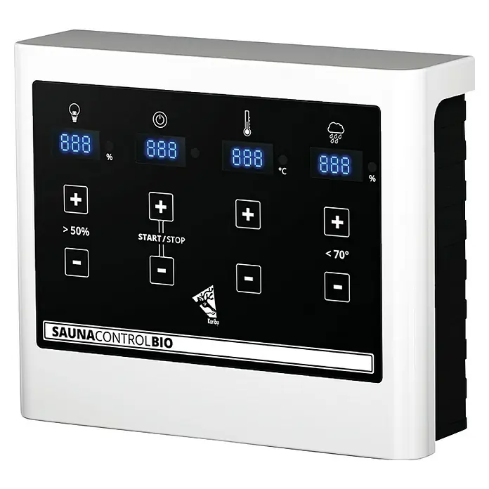 Karibu Elementsauna Gibeon9 kW Bio-Saunaofen mit externer Steuerung, L x B x H: 196 x 196 x 198 cm - Nahaufnahme einer Sauna Control Bio-Einheit mit digitalen Anzeigen, Tasten und der Aufschrift "SAUNACONTROLBIO".