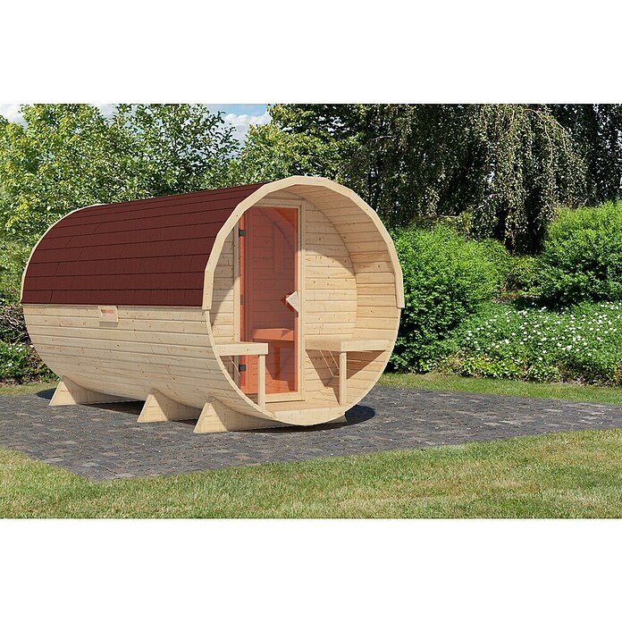 Karibu Fasssauna (L x B x H: 385 x 225 x 229 cm, Ohne Ofen, Mit roten Dachschindeln) | BAUHAUS