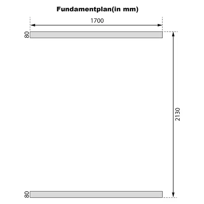 Karibu Fasssauna - L x B x H: 295 x 225 x 229 cm, 9 kW Saunaofen mit externer Steuerung, Anzahl Liegen: 2 Stk. - Fundamentplan mit Gesamtmaßen: Breite 1700 mm, Höhe 2130 mm. Zeigt 80 mm dicke Fundamentstreifen.