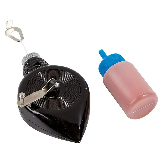 swingcolor Schlagschnurgerät - 2 -tlg., Länge Schnur: 30 m - Ein Set aus einer schwarzen Schlagschnur und einer Flasche mit roter Markierungsfarbe, ideal für präzise Markierungen auf Baustellen.