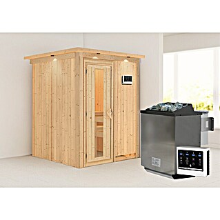 Karibu Elementsauna Norin (Mit 9 kW Bio-Ofen mit externer Steuerung, Mit Dachkranz und Beleuchtung, Materialspezifizierung Tür: Massivholztür, L x B x H: 165 x 165 x 192 cm)