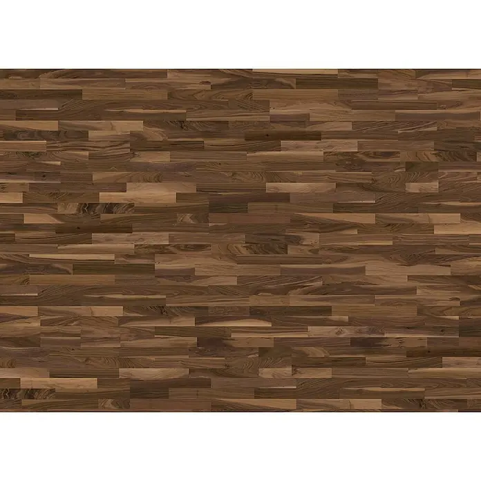 Living by Haro Parkett - 2.200 x 180 x 13,5 mm, Schiffsboden, Nussbaum - Dunkler Nussbaumboden mit Parkettmuster für ein warmes und einladendes Ambiente in jedem Raum. Die Holzstruktur ist gut sichtbar.
