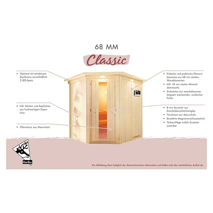 Karibu Elementsauna Taurin - Ohne Ofen, Ohne Dachkranz, L x B x H: 170 x 151 x 192 cm - Abbildung einer Karibu 68 mm Classic Sauna. Die Sauna ist aus Holz gefertigt und verfügt über eine Glastür.
