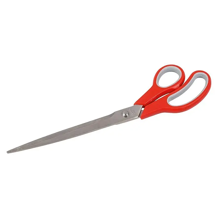 swingcolor Tapezierschere Master - 300 mm, Material Klinge: Stahl, Material Griff: Polypropylen, Rostfrei - Diese Abbildung zeigt eine große Schere mit roten Griffen und langen, spitzen Klingen vor einem schwarzen Hintergrund.