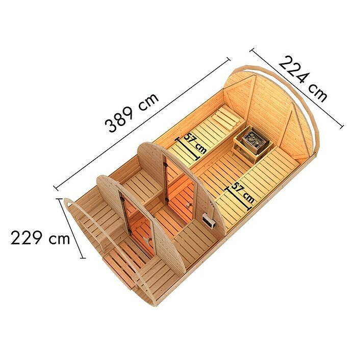 Karibu Fasssauna (L x B x H: 385 x 225 x 229 cm, 9 kW Saunaofen mit externer Steuerung, Anzahl Liegen: 4 Stk.) | BAUHAUS